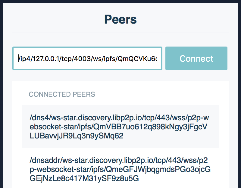 Screenshot of interface for connecting to peer