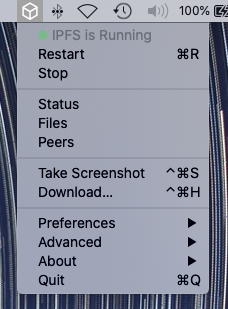 The IPFS Desktop status bar menu in the macOS status bar.