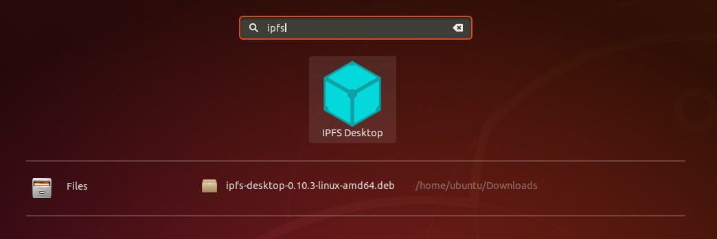 Ubuntu search screen with IPFS desktop showing.
