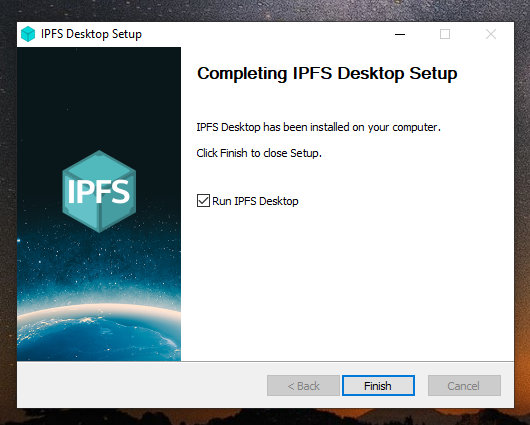 The IPFS desktop installation finished window.