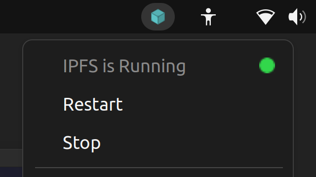 The IPFS tray icon in Ubuntu Linux.